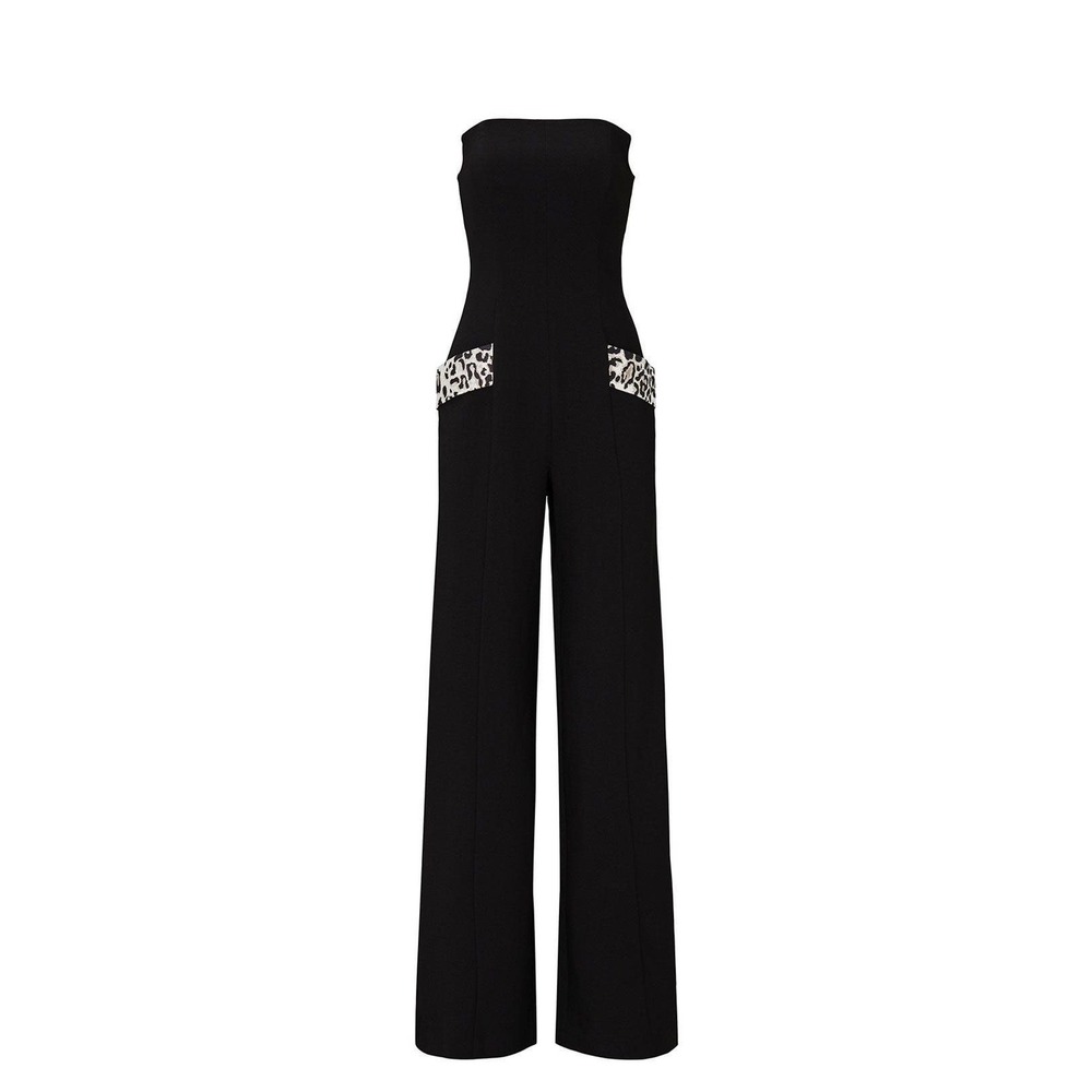 Black‎ Halo Carmine Wide Leg Jumpsuit with Leopard Print Pocket Detail Women's 8